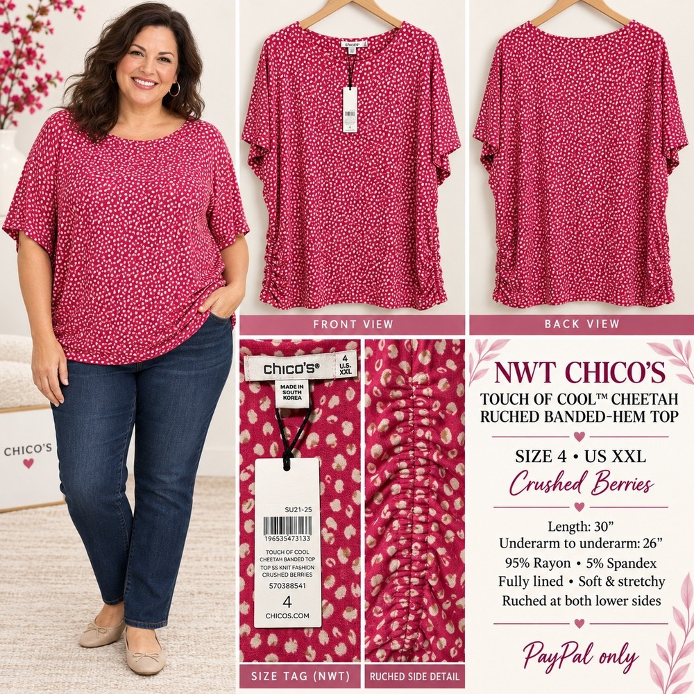 Chico's Touch of Cool Cheetah Ruched Banded Hem Top Pink XXL 4 NWT